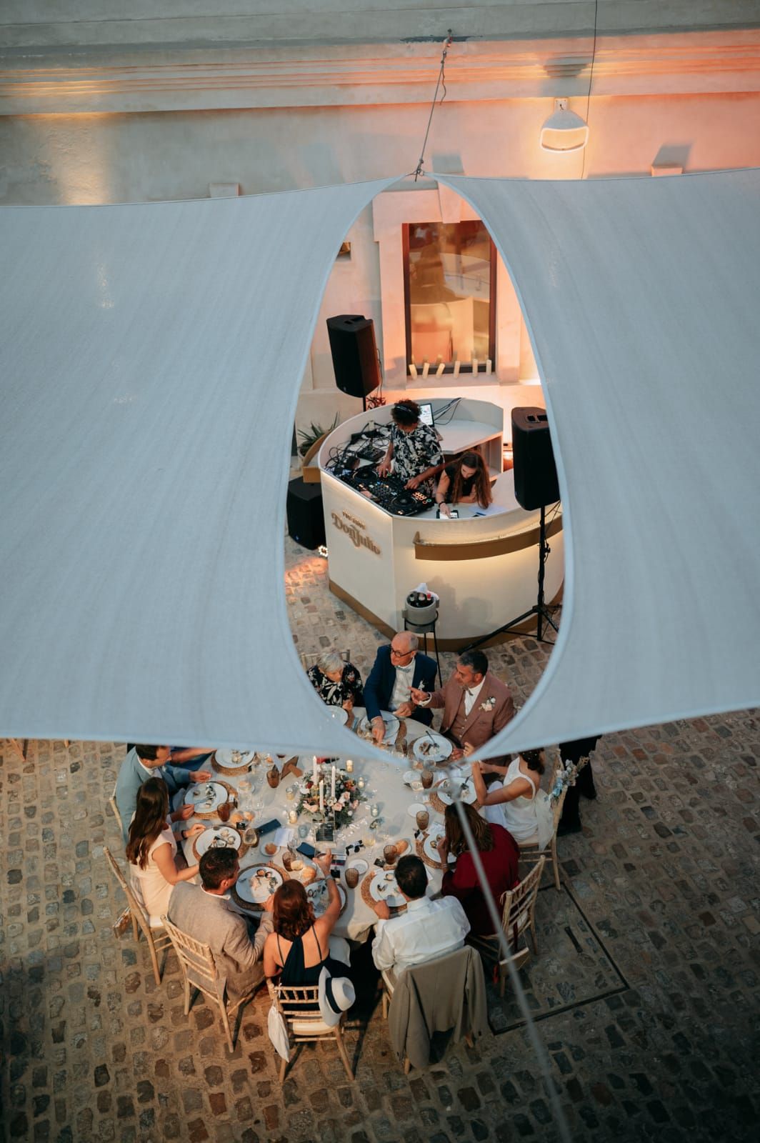Elegant banquet hall with guests seated for dinner